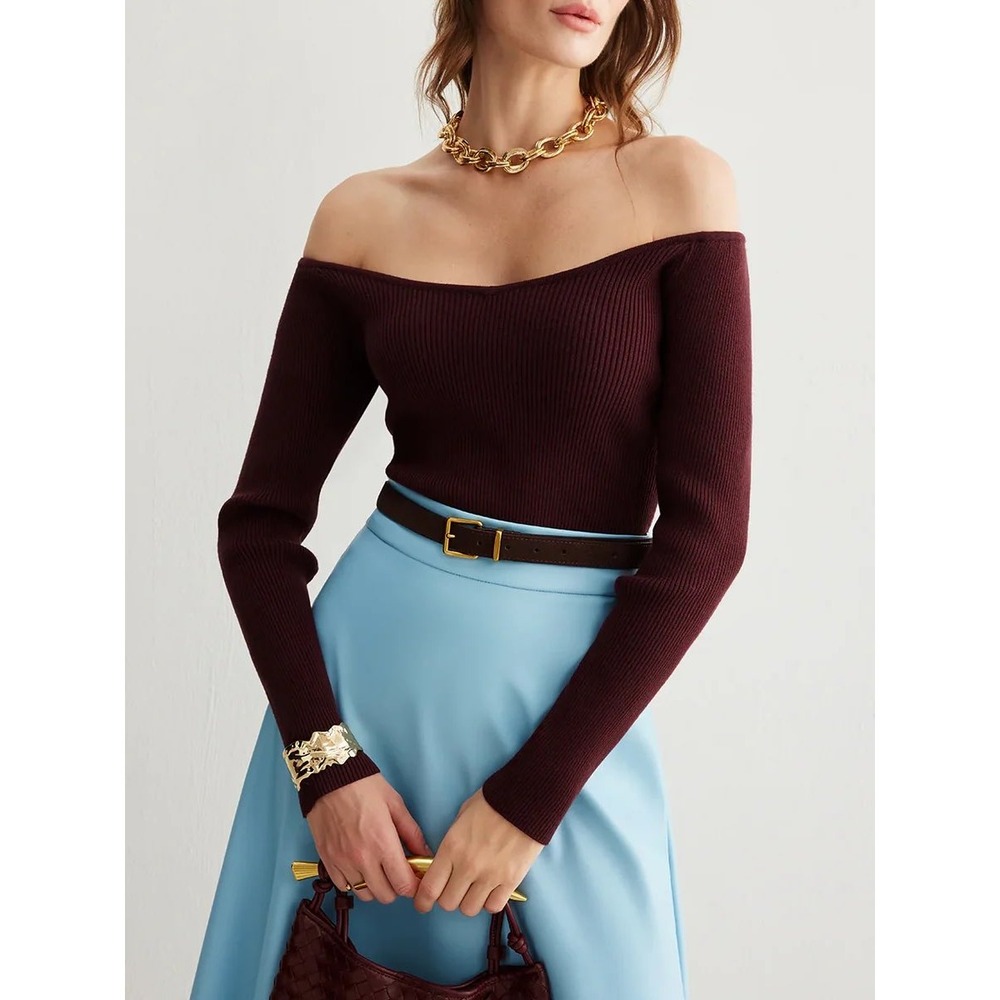 COMMENSE Burgundy Cold Shoulder Ribbed Knit Long Sleeve Sweater Size S